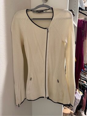 Armani Exchange Cream Zip-Front Ribbed Knit Sweater with Black Trim